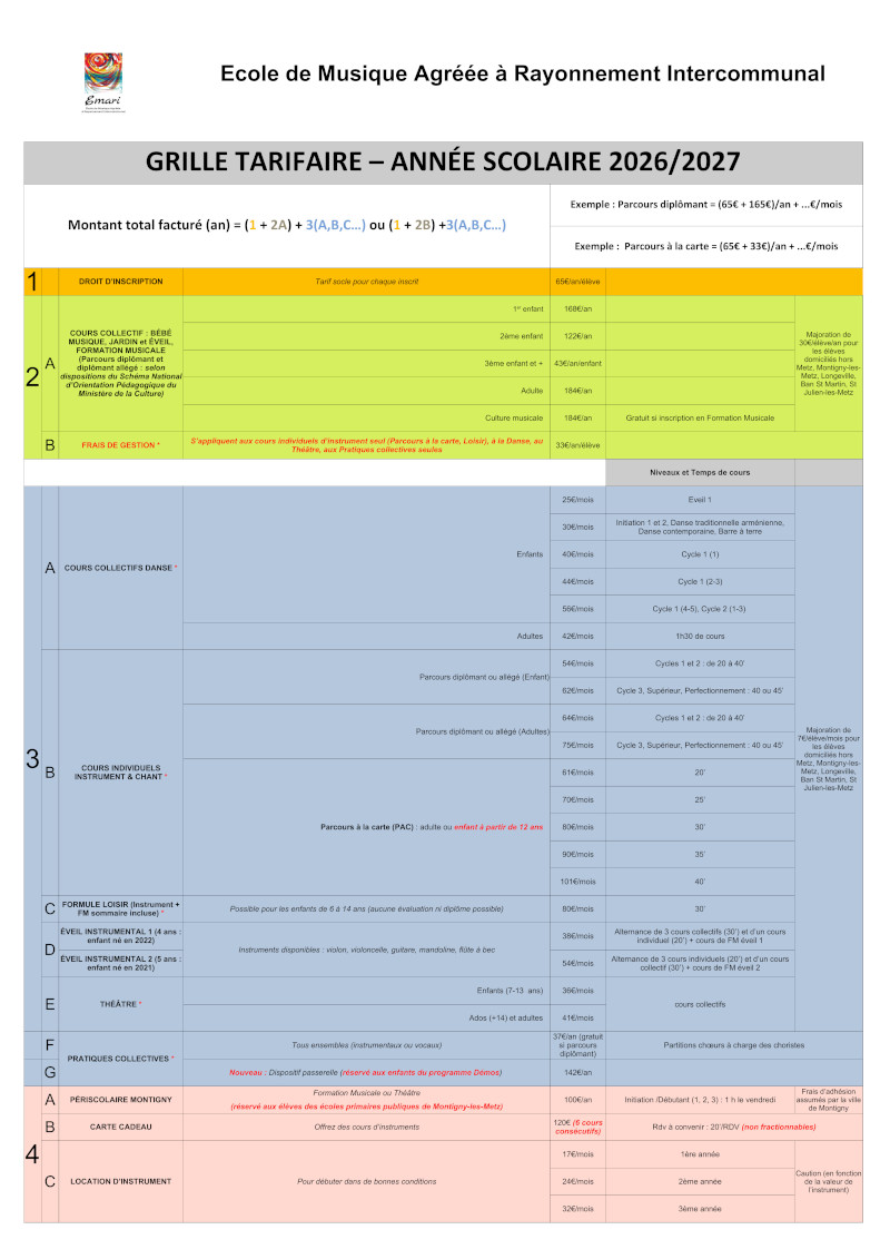 Emari - Tarifs 2026-2027
